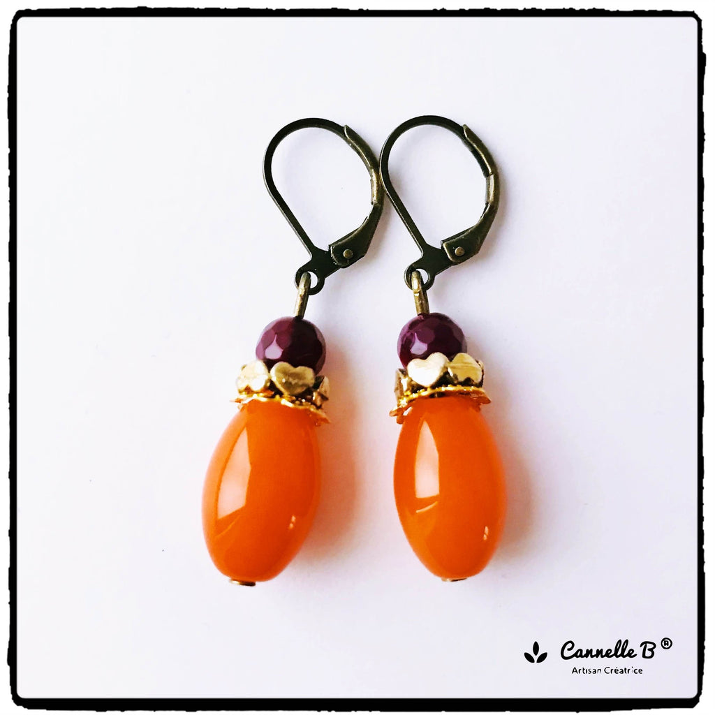 boucles d'oreilles orange vif et dorées, pierres fines, forme ovale