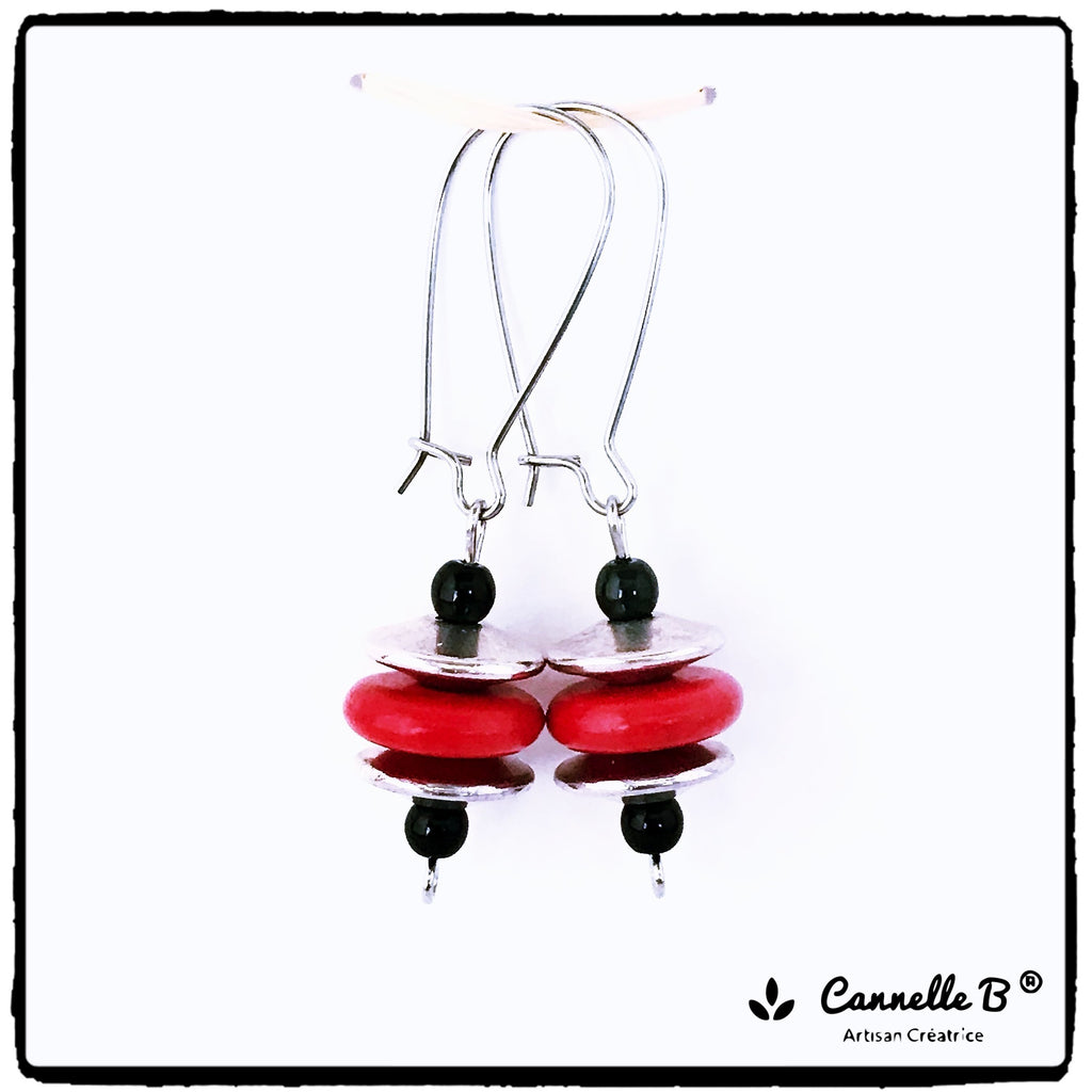 boucles d'oreilles pendantes rouges argent, pierres naturelles, made in france