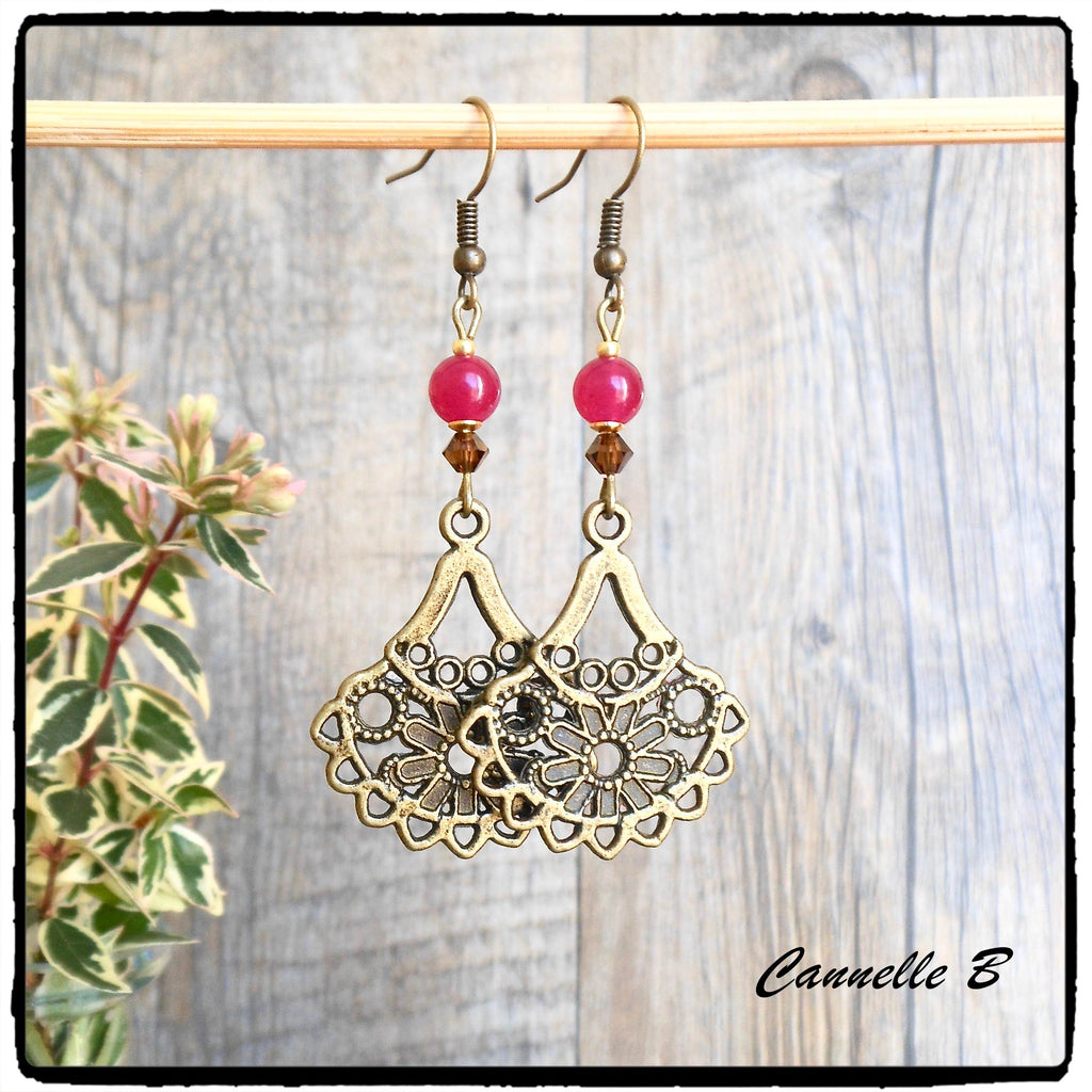 boucles d'oreille pendantes rose fuchsia, bijoux de style bohème, boho