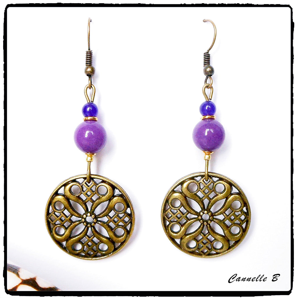boucles d'oreille pendantes bohèmes violettes, bijou boho chic original