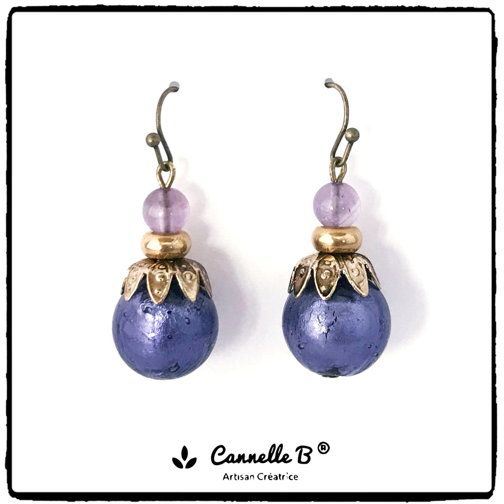 bijou made in france pas cher, boucles d'oreilles fantaisie artisanales, perles violettes clair, mauve