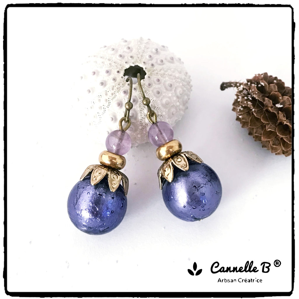 boucles d'oreilles grosse perle mauve, courtes, violettes, bijou made in france